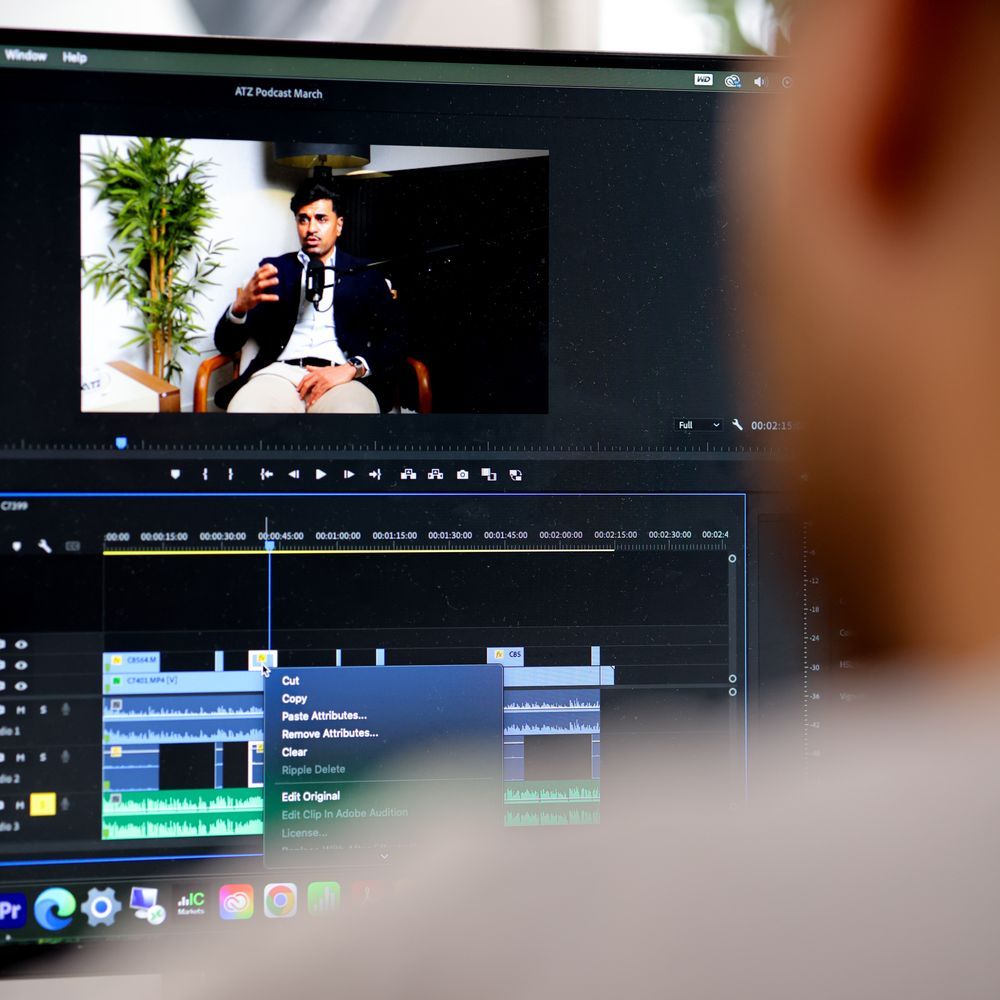 A podcast episode being edited on a timeline at the No Name Digital studios