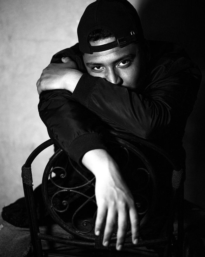 Black-and-white editorial portrait